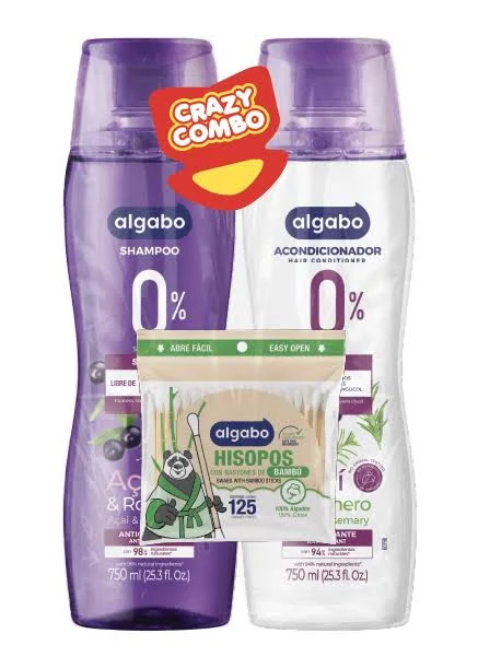 Combo Shampoo y Acondicionador Acai y Romero + Hisopos de Regalo 750 ml Algabo