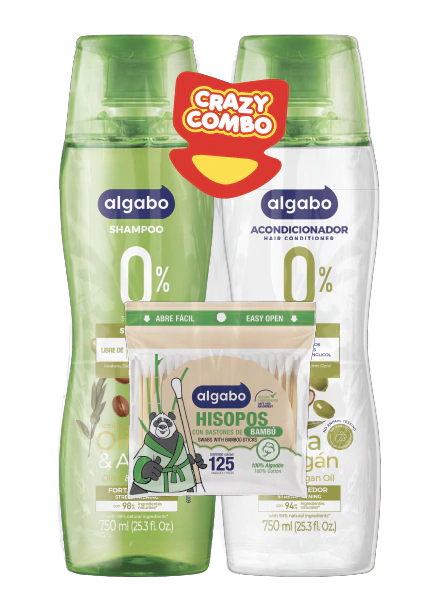 Combo Shampoo y Acondicionador Oliva y Argán + Hisopos de Regalo 750 ml Algabo